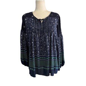 Gap Mix Print Pintuck Long Sleeve Tops Size Large Paisley Navy & Green Flowy